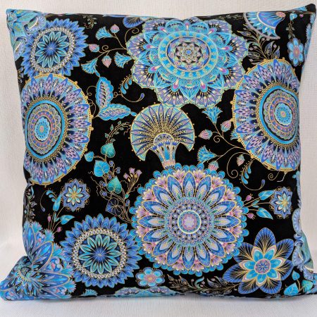 Blue mandala floral cushion cover with intricate circular patterns on a black background, 45cm square decorative pillow case