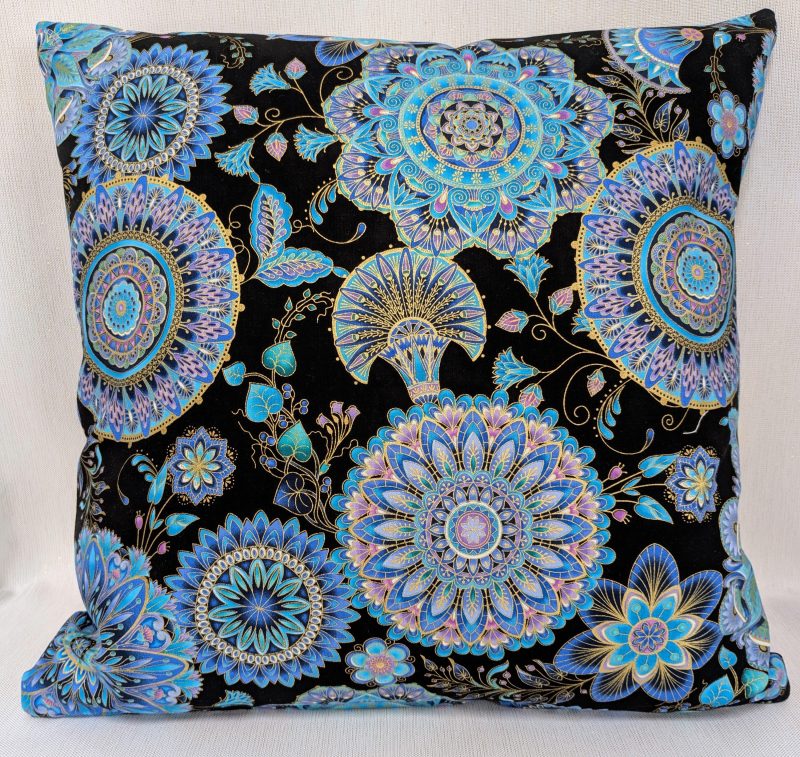 Blue mandala floral cushion cover with intricate circular patterns on a black background, 45cm square decorative pillow case