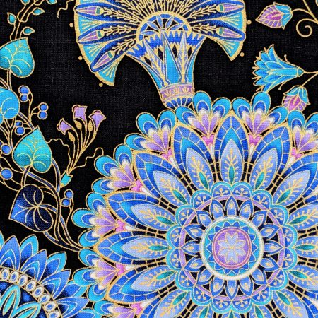 Front Detail of blue mandala floral cushion cover with intricate circular patterns on a black background, 45cm square decorative pillow case