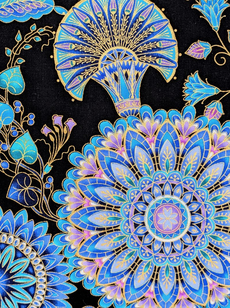 Front Detail of blue mandala floral cushion cover with intricate circular patterns on a black background, 45cm square decorative pillow case