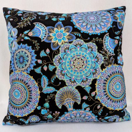 Reverse of blue mandala floral cushion cover with intricate circular patterns on a black background, 45cm square decorative pillow case