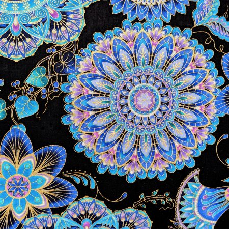 Reverse detail of blue mandala floral cushion cover with intricate circular patterns on a black background, 45cm square decorative pillow case