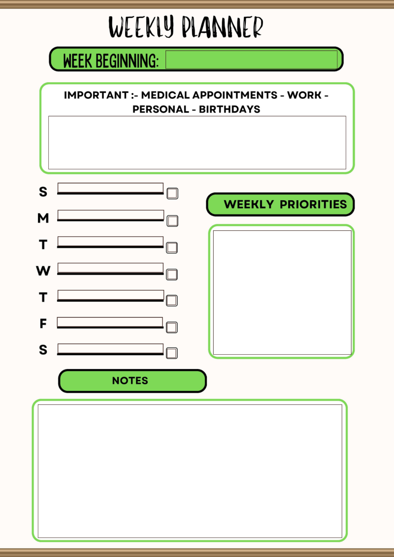 Weekly Planner - Digital - Fillable