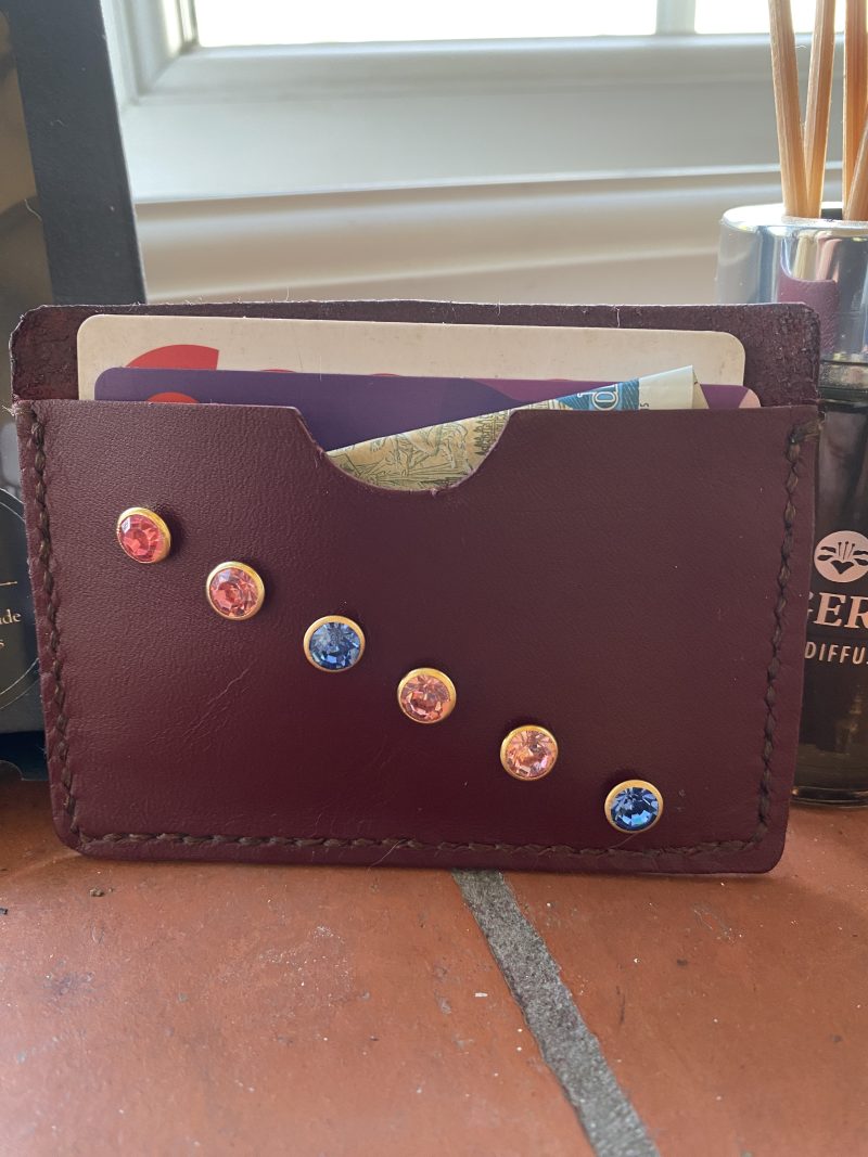 Burgundy Italian leather and crystals little card/ notes wallet