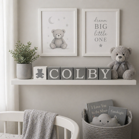 Handpainted wood baby name blocks, various colours, 3 sizes available, wood teddy block