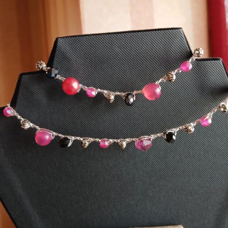 Handmade Necklace with Black, Pink and Purple Faux Beads and Heart shaped Pendant