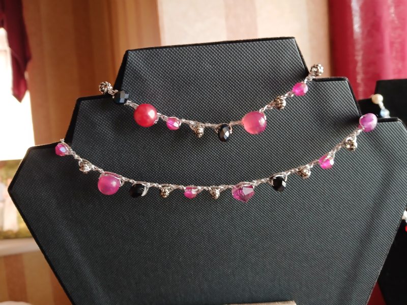 Handmade Necklace with Black, Pink and Purple Faux Beads and Heart shaped Pendant