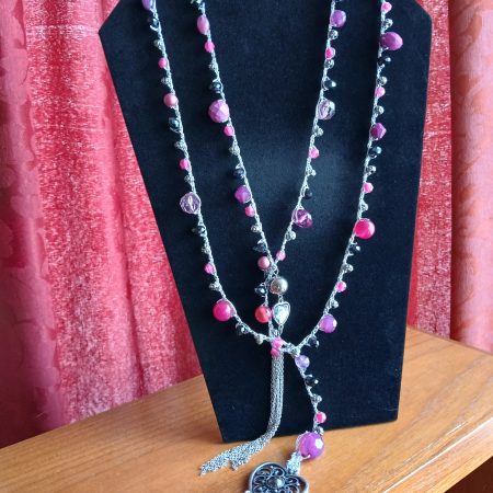 Handmade Necklace with Black, Pink and Purple Faux Beads and Heart shaped Pendant