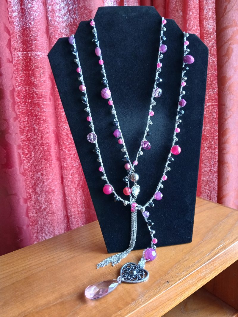 Handmade Necklace with Black, Pink and Purple Faux Beads and Heart shaped Pendant