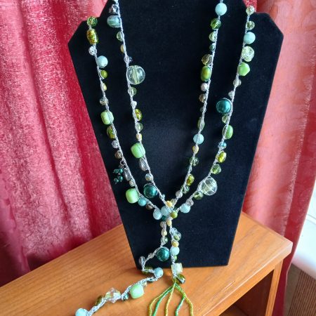 Handmade Necklace with Green Faux and Glass Beads - Silver Thread
