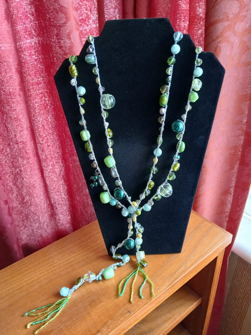Handmade Necklace with Green Faux and Glass Beads - Silver Thread