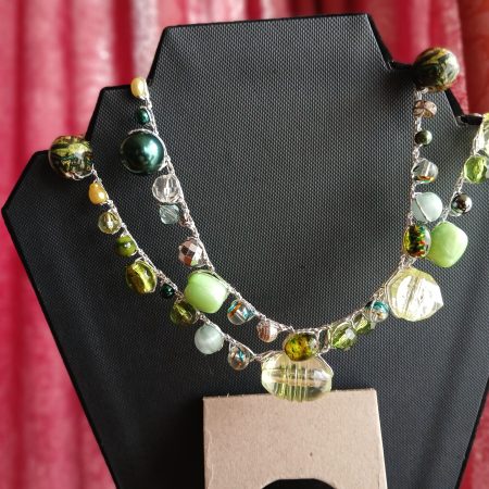 Handmade Necklace with Green Faux and Glass Beads - Silver Thread