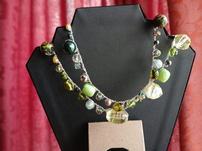 Handmade Necklace with Green Faux and Glass Beads - Silver Thread