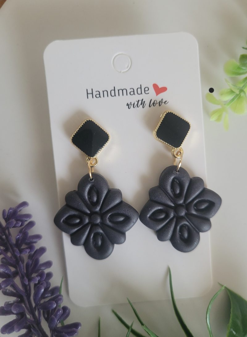 Black flower polymer clay earrings