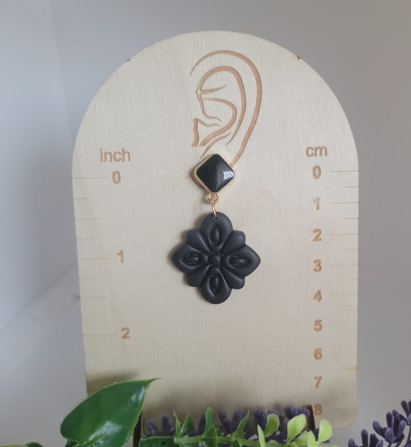 Black flower polymer clay earrings