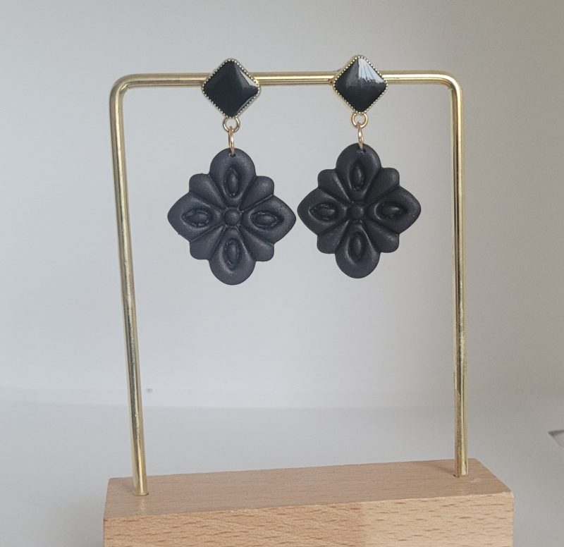 Black flower polymer clay earrings