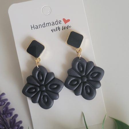 Black flower polymer clay earrings