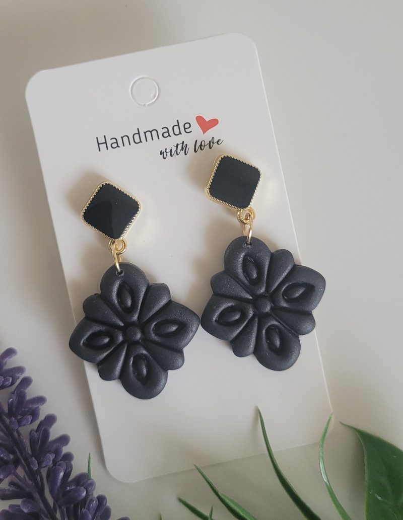 Black flower polymer clay earrings