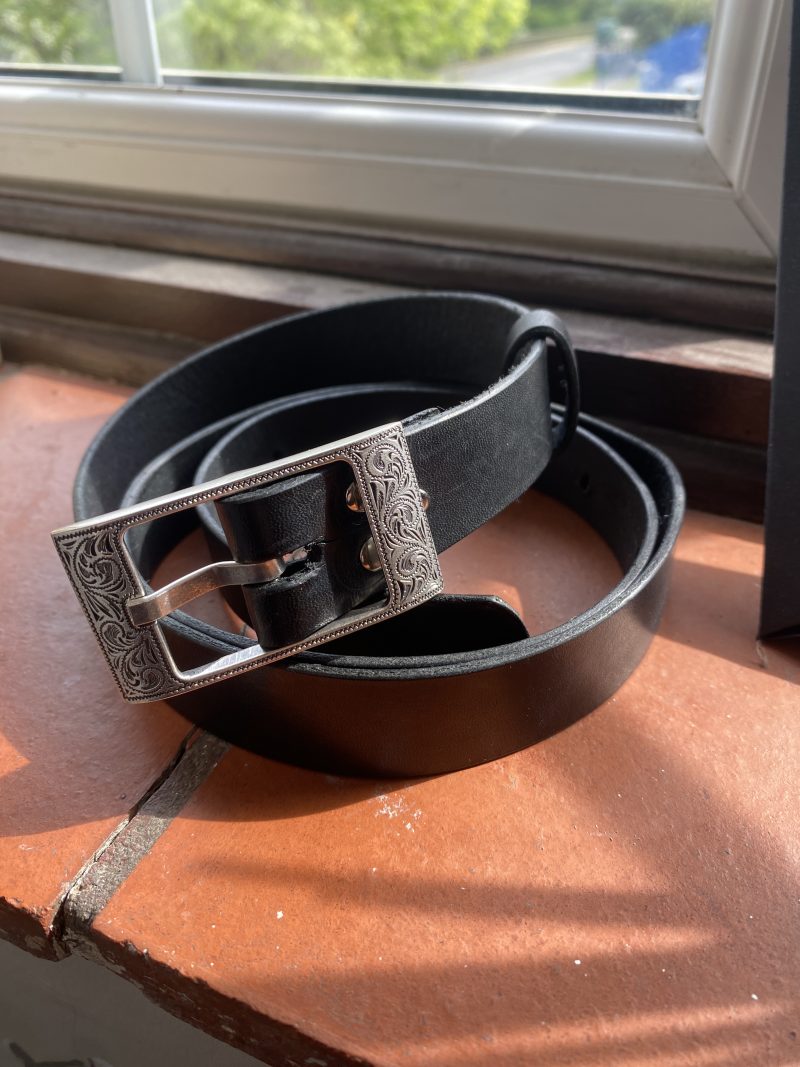 Black belt Italian leather with Laramie silver western buckle