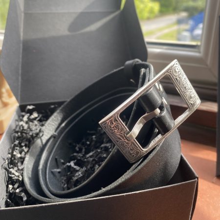 Black belt Italian leather with Laramie silver western buckle