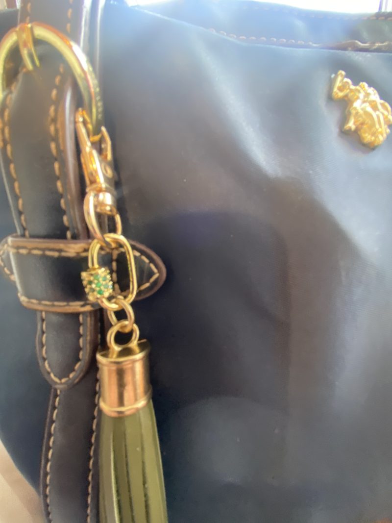 Absolutely stunning bag charm or keyring brass and cubic zaconia imbelishment