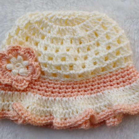 Crochet Summer Hat for Baby and Toddler Girls - Cream and Peach Colours - With Flower Decoration and Ruffle Brim