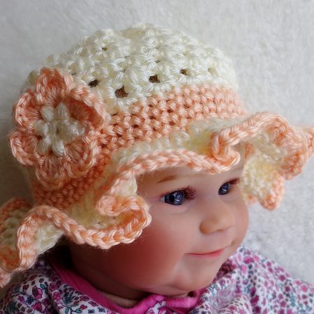 Crochet Summer Hat for Baby and Toddler Girls - Cream and Peach Colours - With Flower Decoration and Ruffle Brim