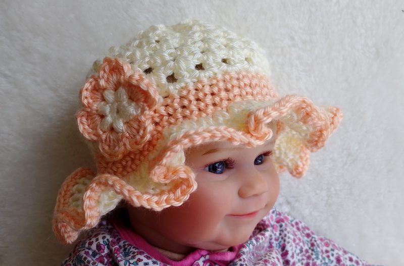 Crochet Summer Hat for Baby and Toddler Girls - Cream and Peach Colours - With Flower Decoration and Ruffle Brim