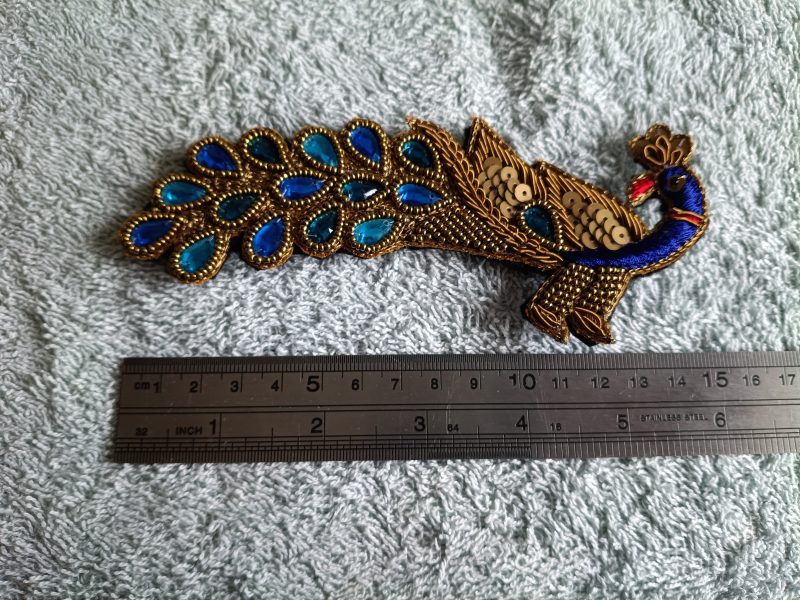Beaded Sequined Peacock Zardozi Wirework Brooch with Acrylic Gems