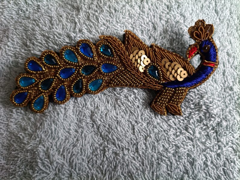 Beaded Sequined Peacock Zardozi Wirework Brooch with Acrylic Gems