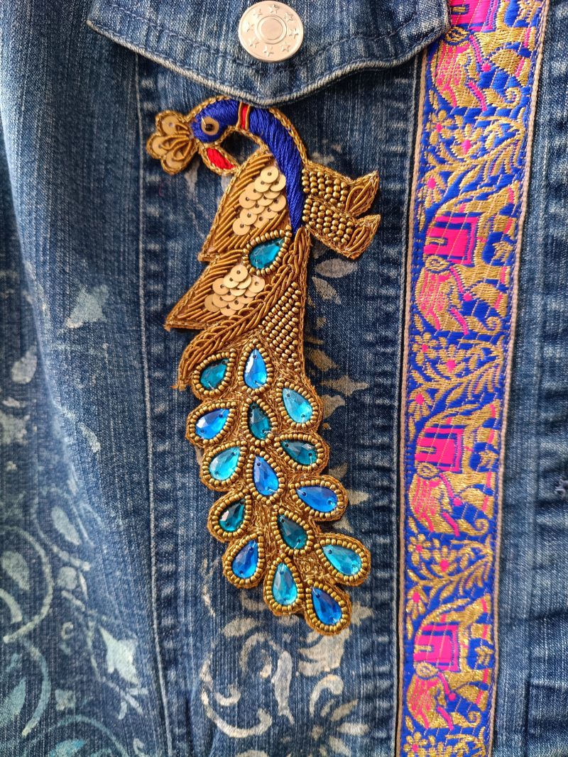 Beaded Sequined Peacock Zardozi Wirework Brooch with Acrylic Gems