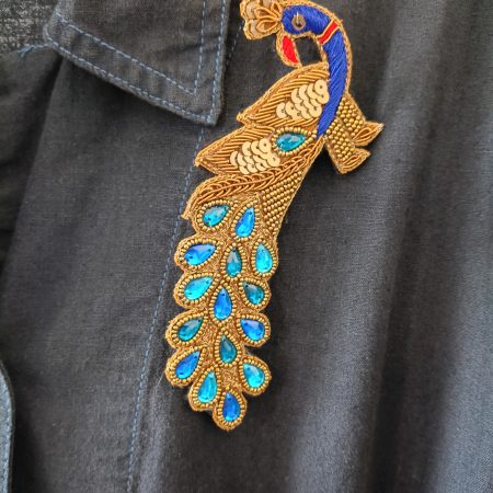 Beaded Sequined Peacock Zardozi Wirework Brooch with Acrylic Gems