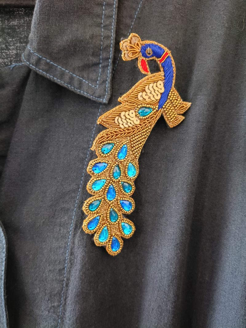 Beaded Sequined Peacock Zardozi Wirework Brooch with Acrylic Gems