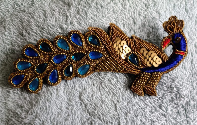 Beaded Sequined Peacock Zardozi Wirework Brooch with Acrylic Gems