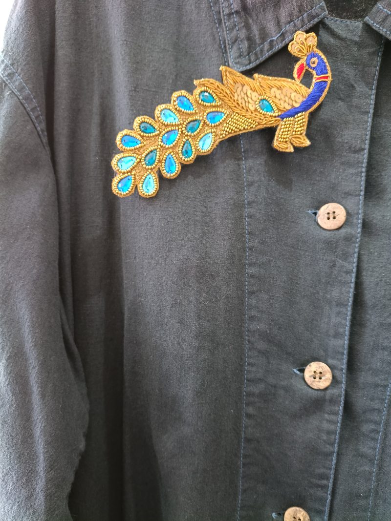 Beaded Sequined Peacock Zardozi Wirework Brooch with Acrylic Gems