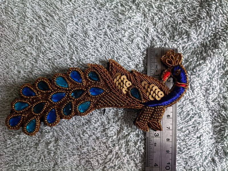 Beaded Sequined Peacock Zardozi Wirework Brooch with Acrylic Gems