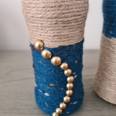 Set of 2 upcycled glass bottles Wrapped with jute and teal yarn
