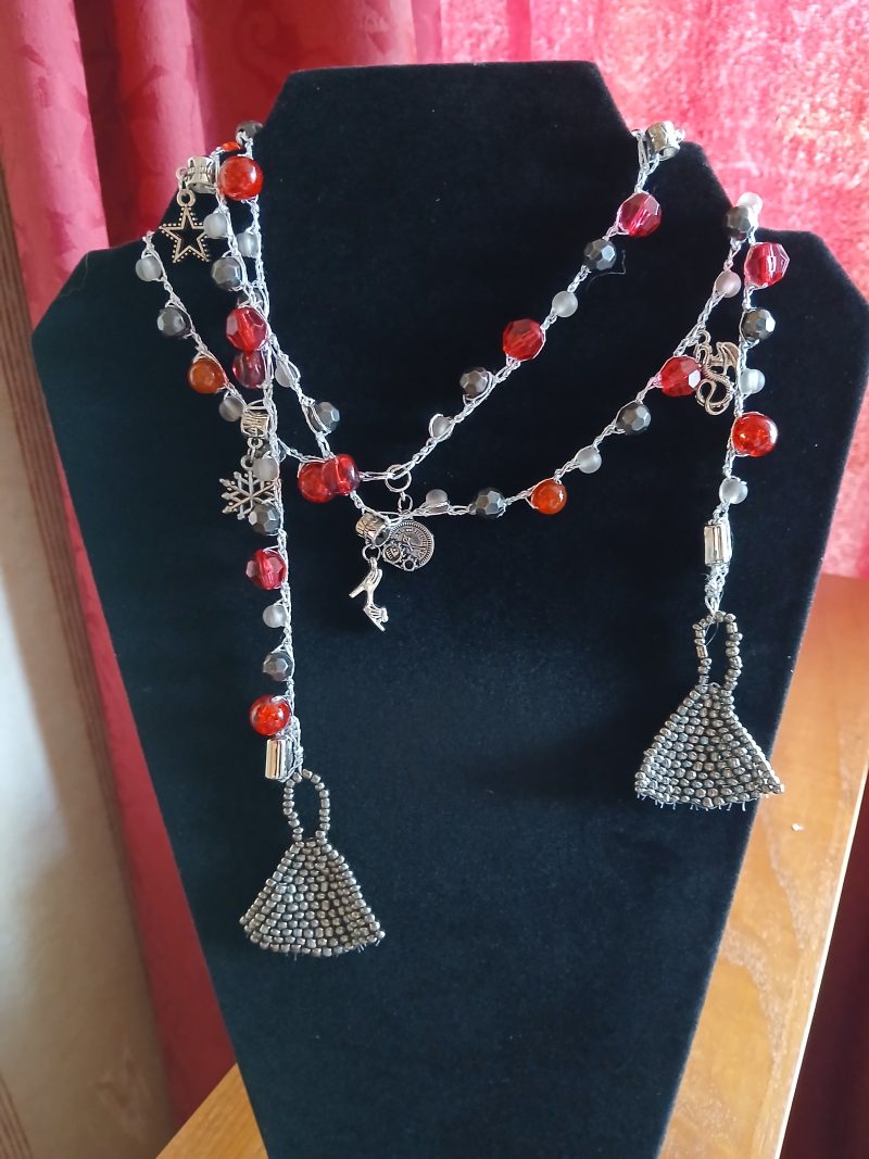 Handmade Wrap Necklace/Belt with Shades of Red, Black and Pearl