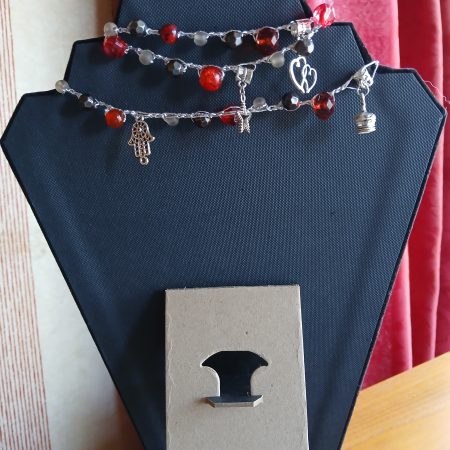 Handmade Wrap Necklace/Belt with Shades of Red, Black and Pearl