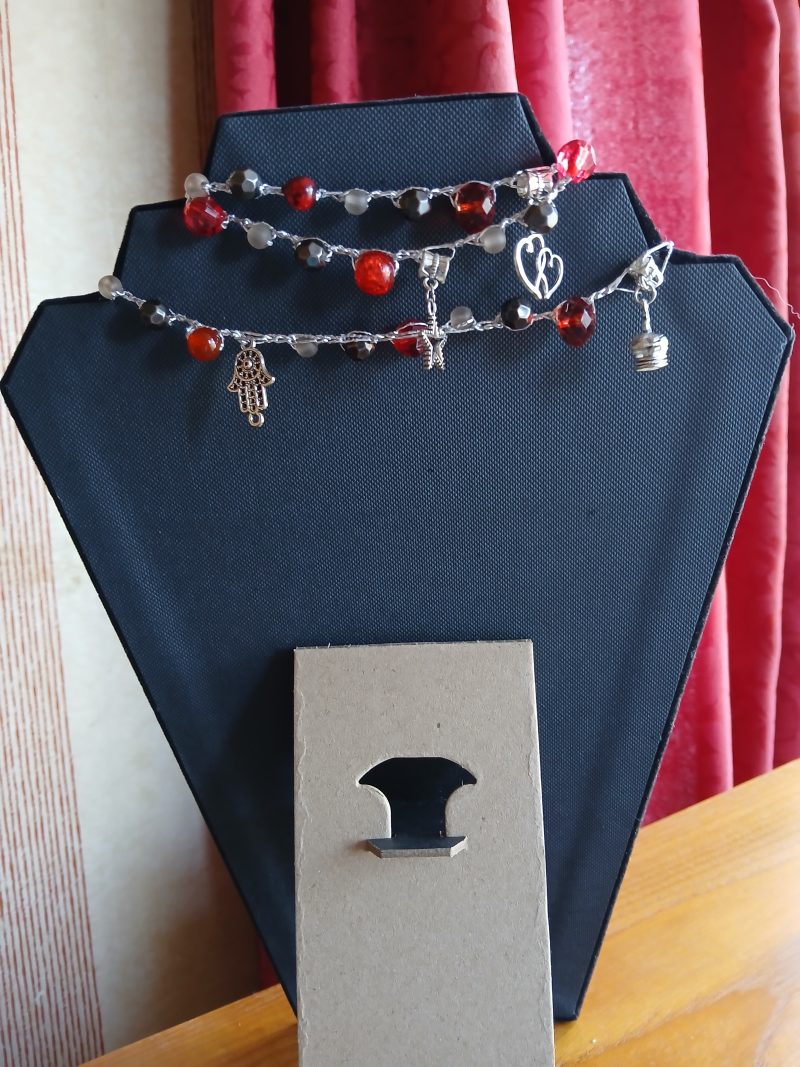Handmade Wrap Necklace/Belt with Shades of Red, Black and Pearl