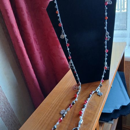 Handmade Wrap Necklace/Belt with Shades of Red, Black and Pearl
