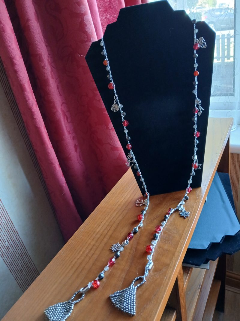 Handmade Wrap Necklace/Belt with Shades of Red, Black and Pearl