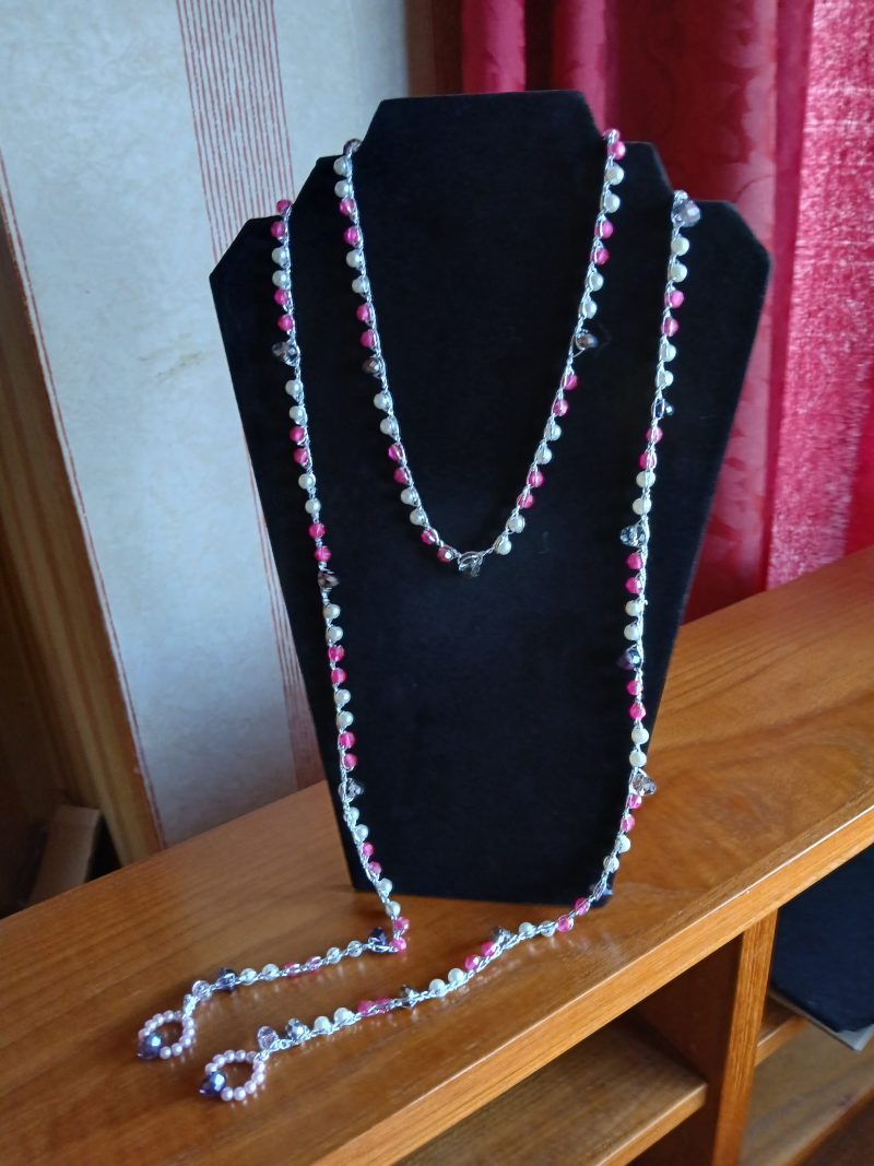 Handmade Wrap Necklace/Belt with Shades of Pink, Purple and Pearl