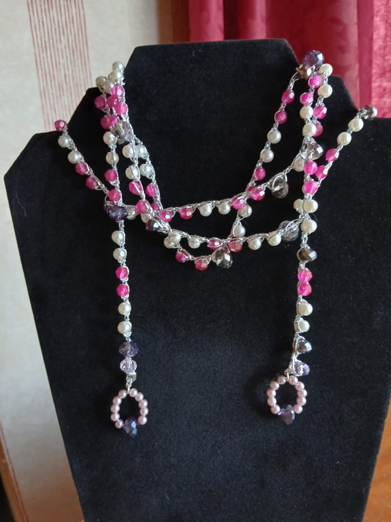 Handmade Wrap Necklace/Belt with Shades of Pink, Purple and Pearl