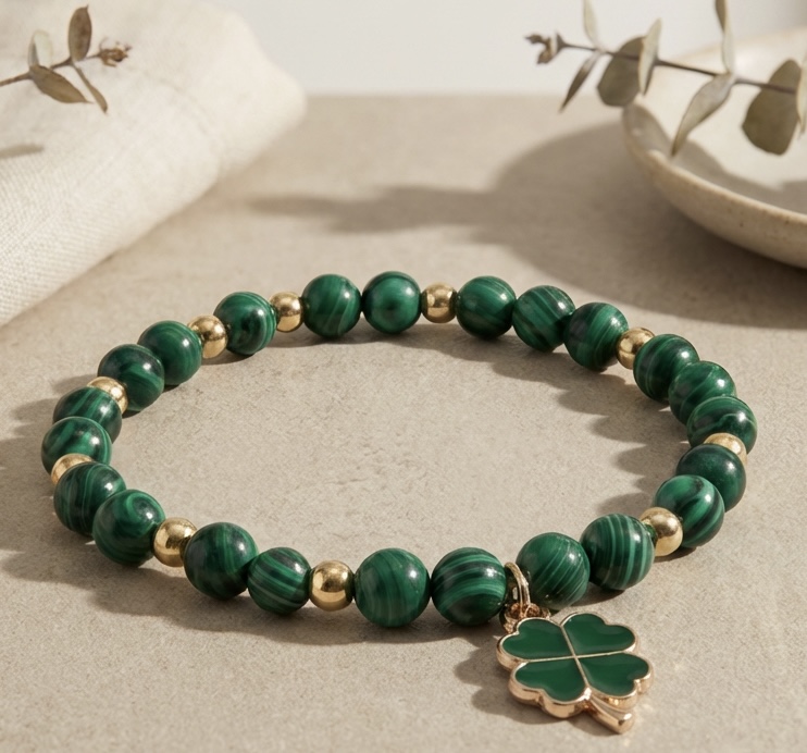 Green Lucky Clover Beaded Stretch Bracelet
