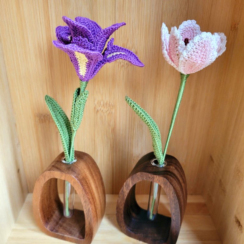 Crochet Flower in Wooden Vase – Iris or Parrot Tulip