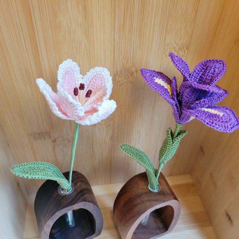 Crochet Flower in Wooden Vase – Iris or Parrot Tulip