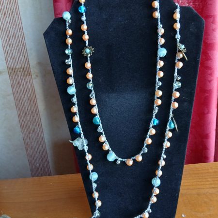 Handmade Wrap Necklace/Belt with Shades of Green, Blue and Apricot