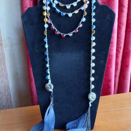 Handmade Wrap Necklace/Belt with Shades of Red, Blue and Gold (Full Glass Beading)