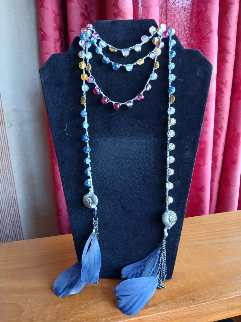 Handmade Wrap Necklace/Belt with Shades of Red, Blue and Gold (Full Glass Beading)